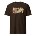 Brown t-shirt with 'Stay Groovy' text and flowers on a white background