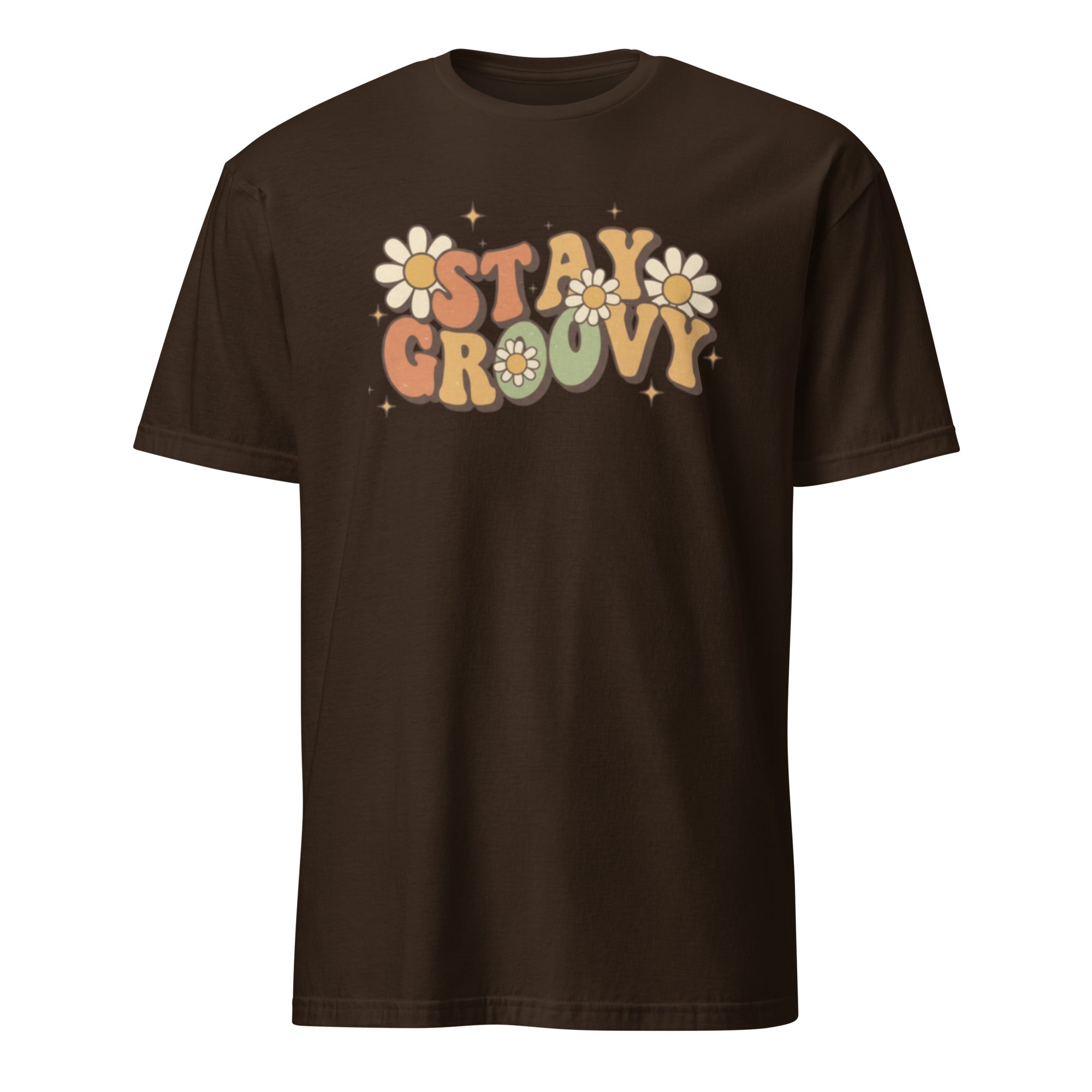 Brown t-shirt with 'Stay Groovy' text and flowers on a white background