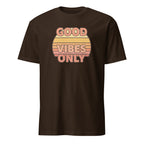 Brown t-shirt with 'Good Vibes Only' text on a white background