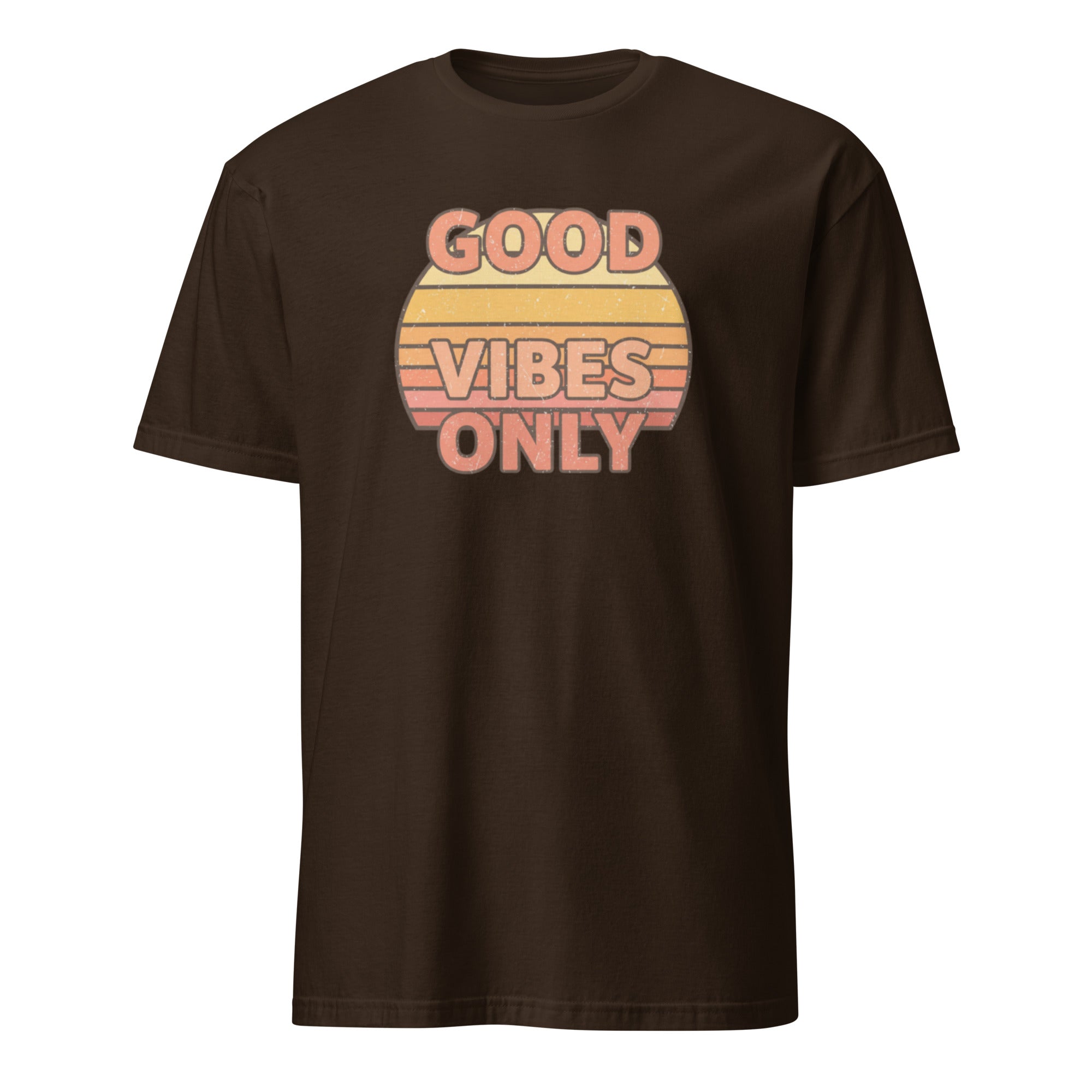 Brown t-shirt with 'Good Vibes Only' text on a white background