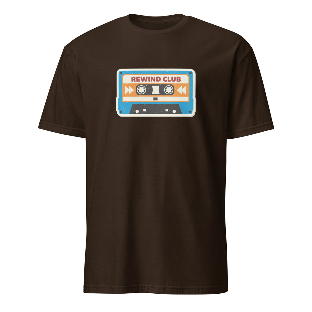 Brown t-shirt with a cassette tape graphic and 'Rewind Club' text on a white background