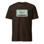 Brown t-shirt with a cassette tape graphic and 'Rewind Club' text on a white background