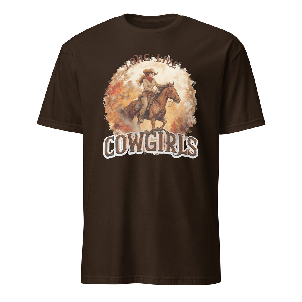 Brown t-shirt with a graphic of a cowgirl on a horse and the text 'Cowgirls' on a white background.