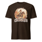Brown t-shirt with a graphic of a cowgirl on a horse and the text 'Cowgirls' on a white background.