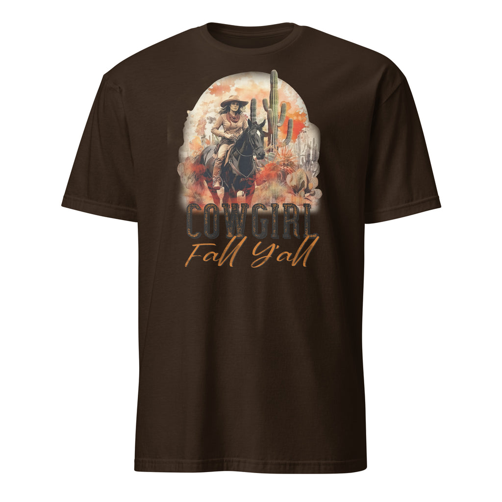 Dark Chocolate t-shirt with a graphic of a cowgirl and cactus, and the text 'Cowgirl Fall Yall' on a white background.