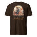 Dark Chocolate t-shirt with a graphic of a cowgirl and cactus, and the text 'Cowgirl Fall Yall' on a white background.