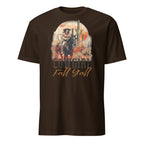 Dark Chocolate t-shirt with a graphic of a cowgirl and cactus, and the text 'Cowgirl Fall Yall' on a white background.