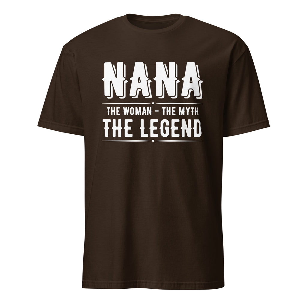 Brown t-shirt with white text 'Nana, The Woman, The Myth, The Legend' on a white background