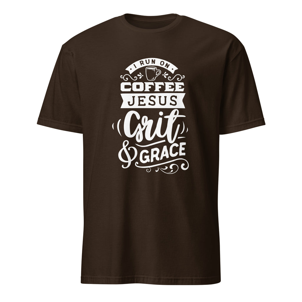 Brown t-shirt with white text design on a white background