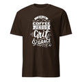 Brown t-shirt with white text design on a white background