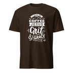 Brown t-shirt with white text design on a white background