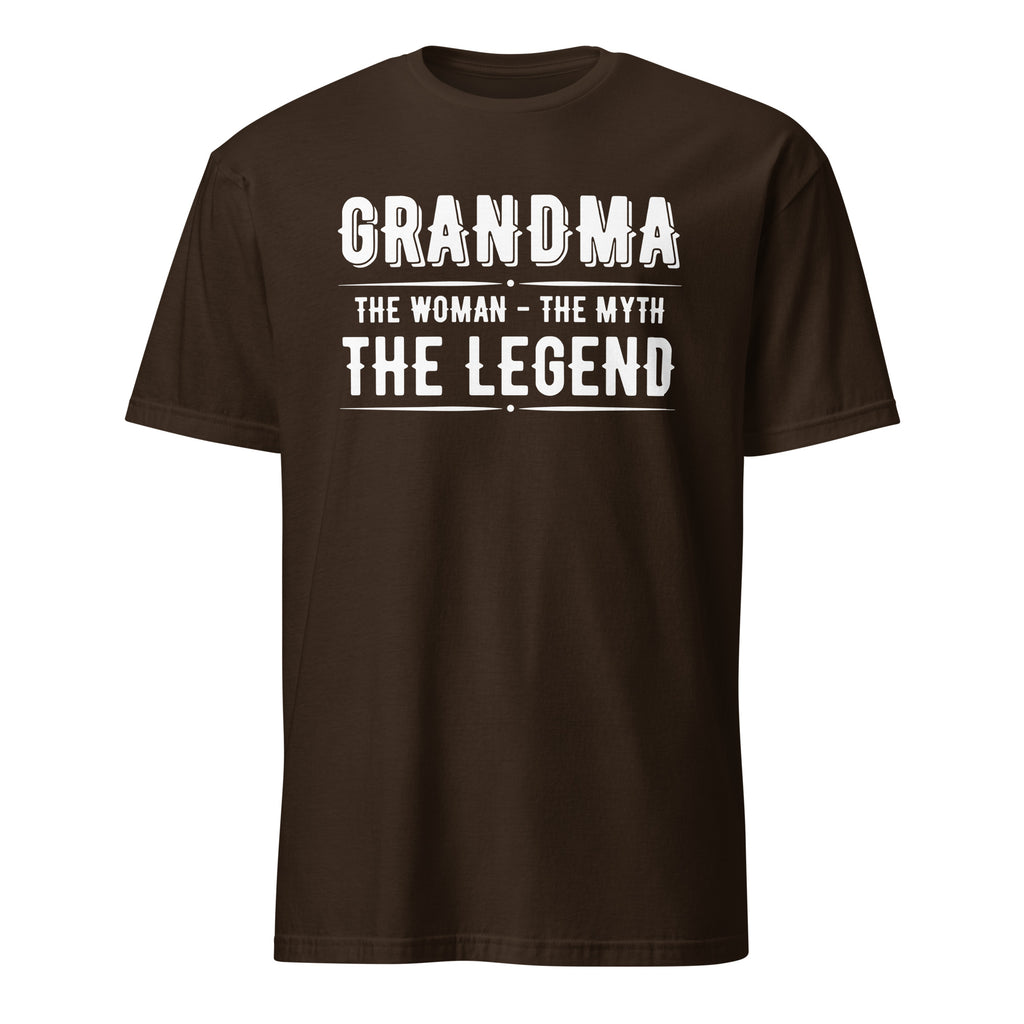 Brown t-shirt with white text 'GRANDMA THE WOMAN THE MYTH THE LEGEND' on a white background