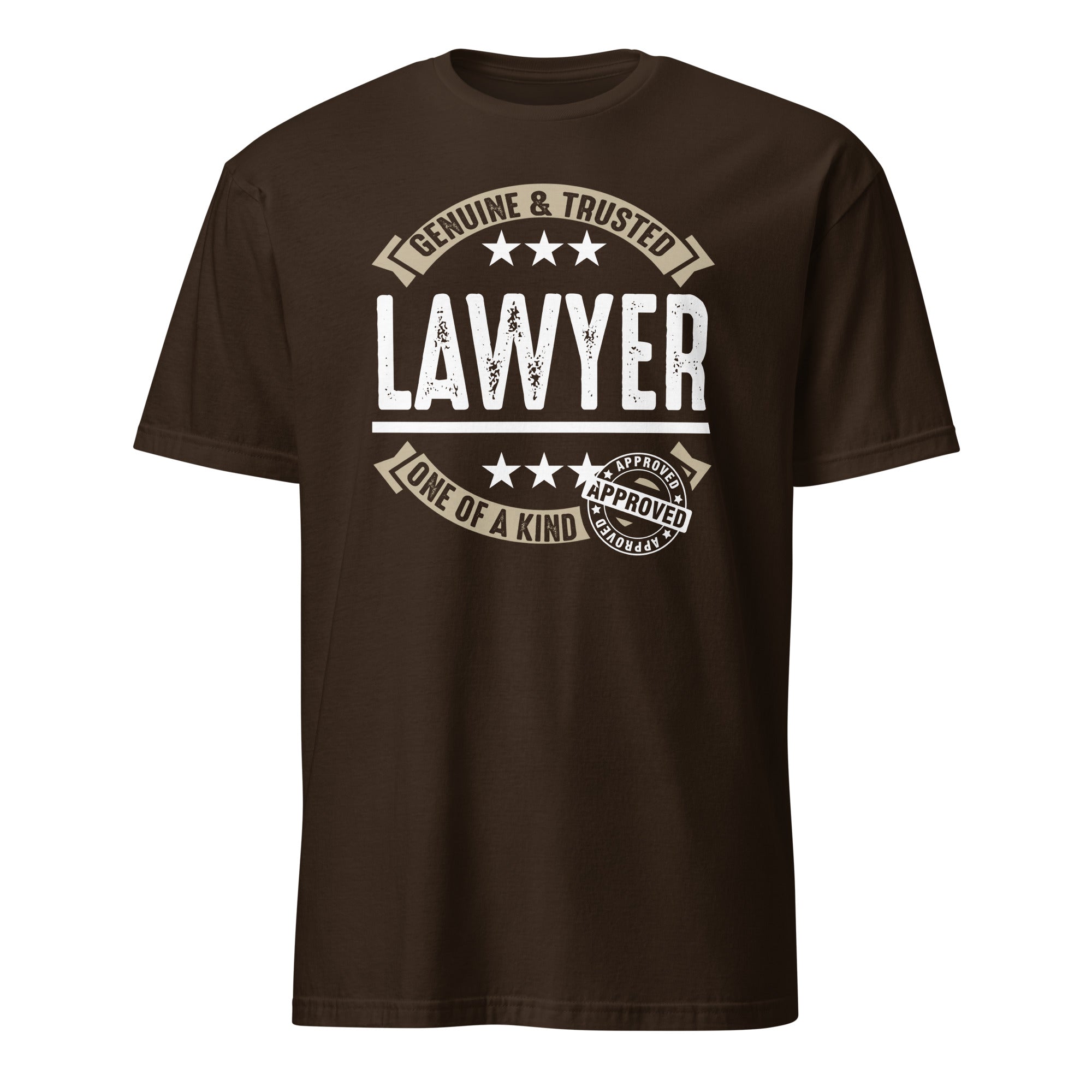 Brown t-shirt with 'Lawyer' text and graphics on a white background