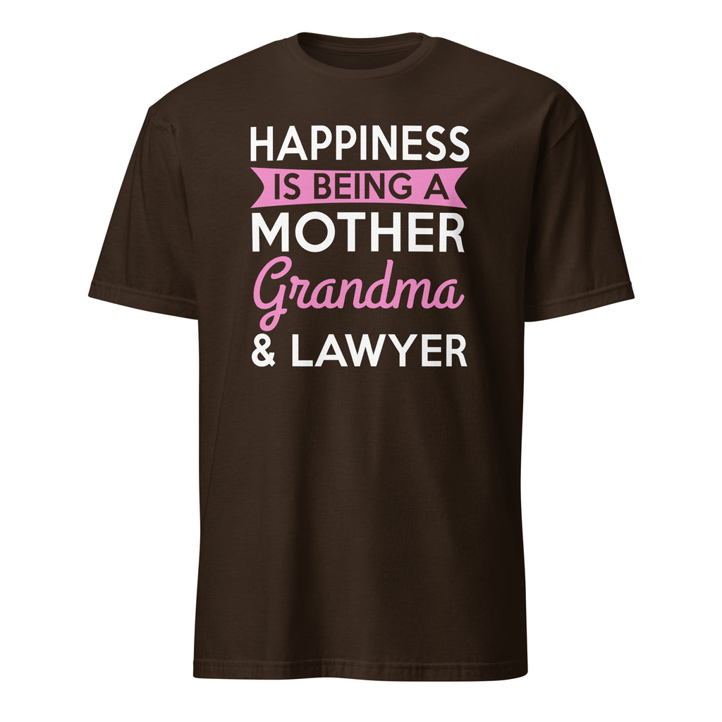 Brown t-shirt with text 'Happiness is being a Mother, Grandma & Lawyer' on a white background