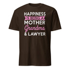Brown t-shirt with text 'Happiness is being a Mother, Grandma & Lawyer' on a white background