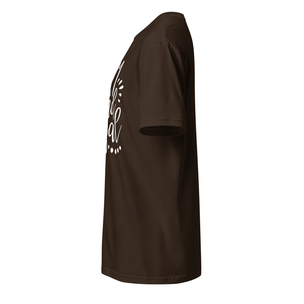 Left view of brown t-shirt on a white background
