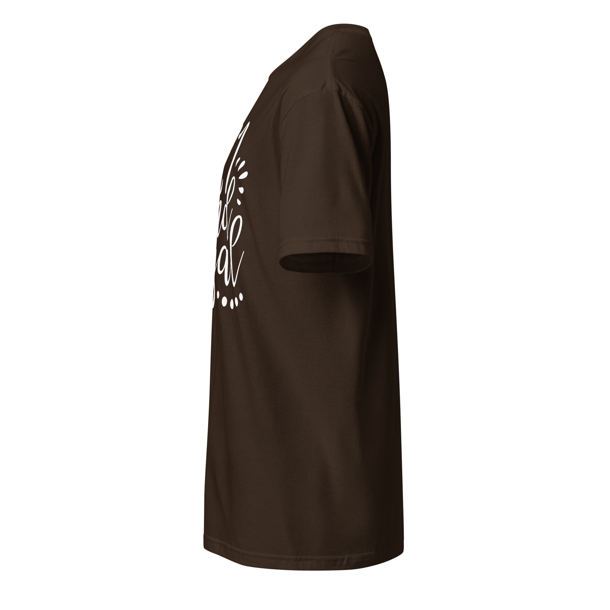 Left view of brown t-shirt on a white background