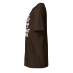Brown t-shirt left side with white text and a logo on a white background