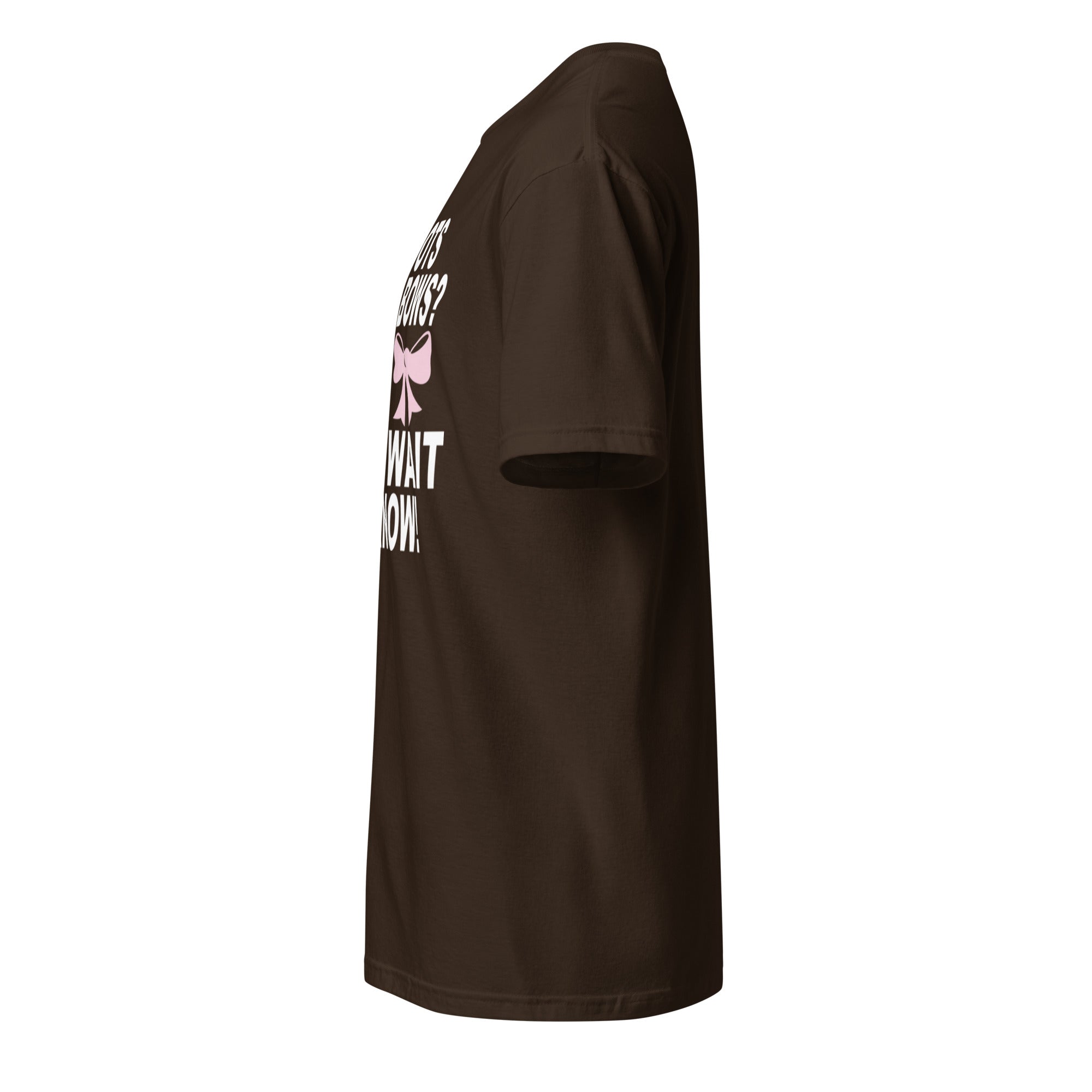 Brown t-shirt left side with white text and a logo on a white background