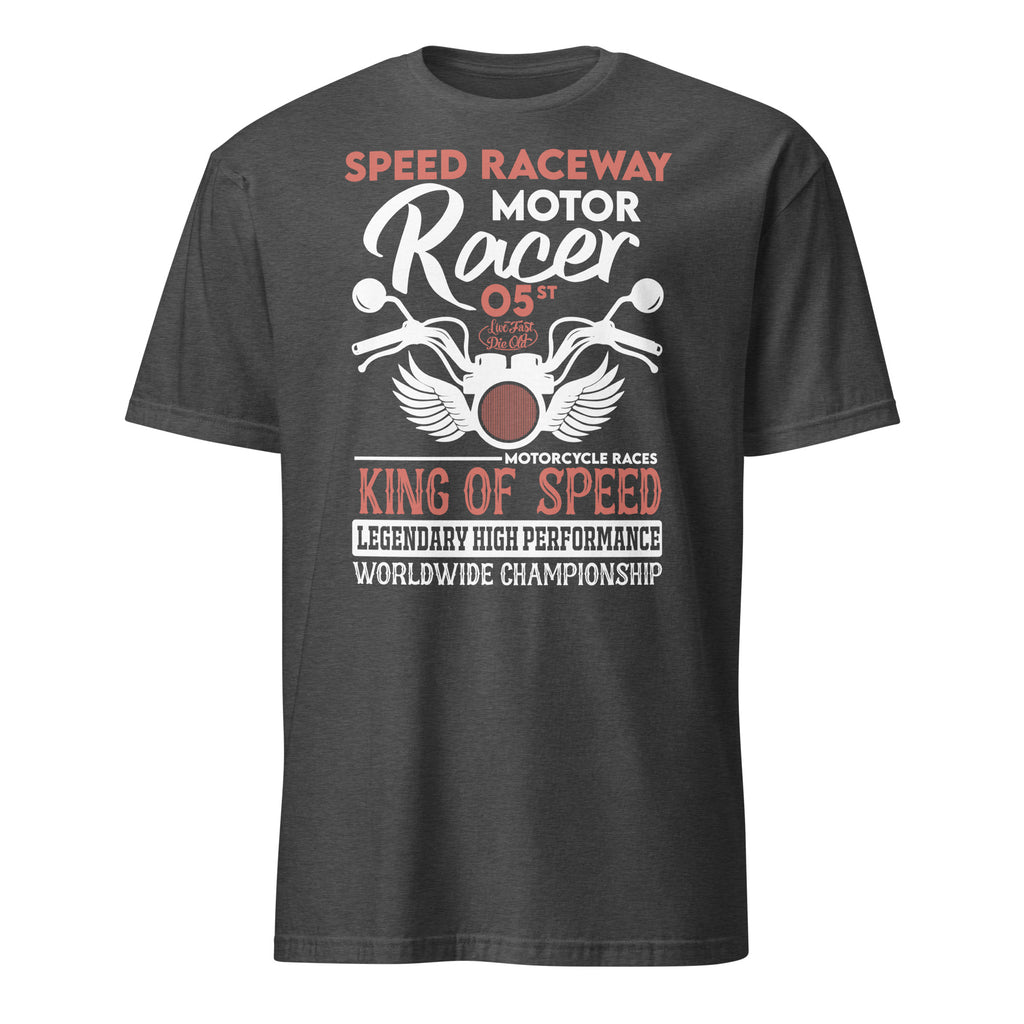 Charcoal t-shirt with motorcycle graphic and text on a white background