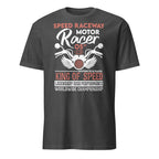 Charcoal t-shirt with motorcycle graphic and text on a white background