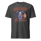 Dark heather gray t-shirt with motorcycle graphic and text on a white background