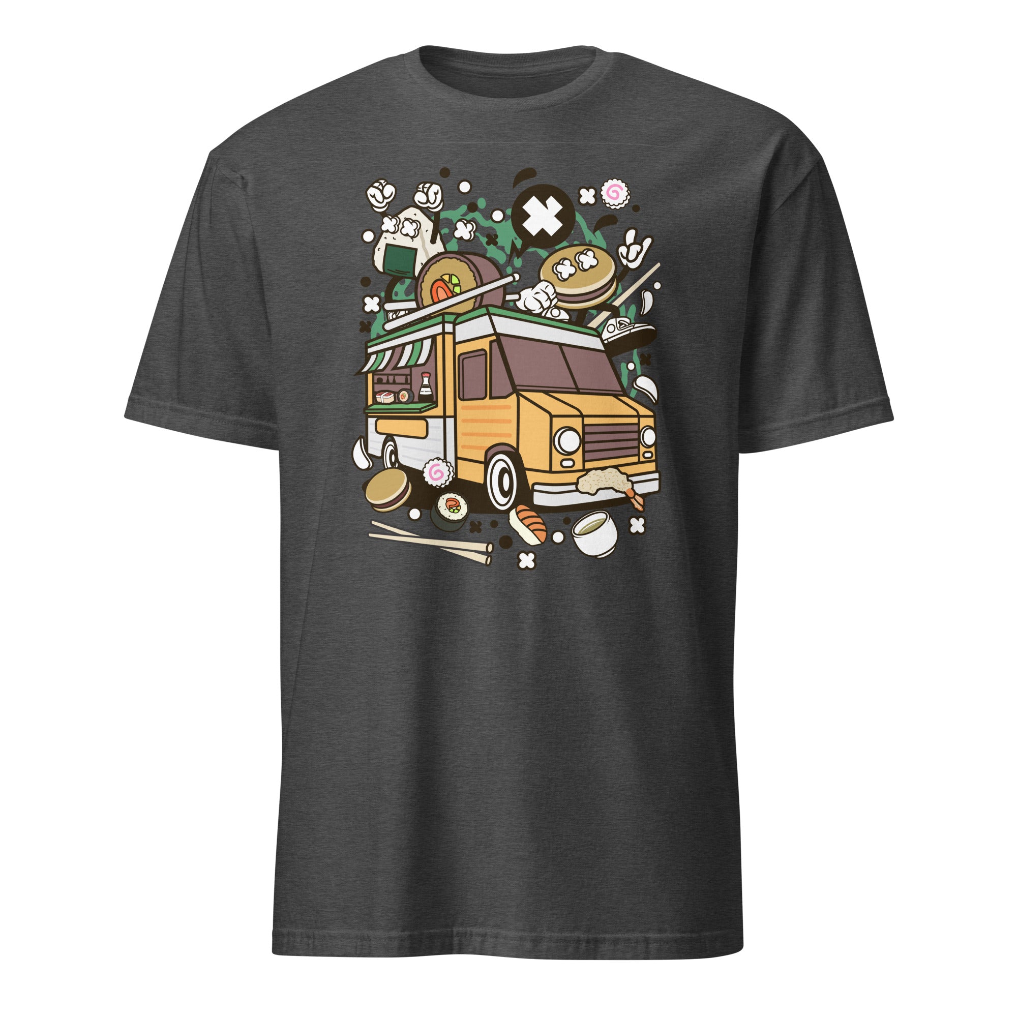 Dark Heather Grey t-shirt with a colorful graphic of a food truck on a white background