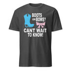 Dark Grey T-shirt with Boots or Bows Can't Wait to Know baby gender reveal graphic t-shirt displayed flat on a white background, featuring bold boots and bows design for pregnancy announcement