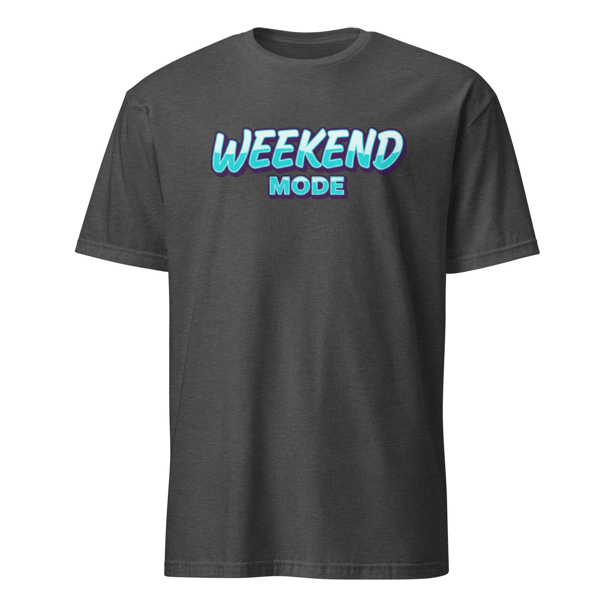 Dark Heather Grey t-shirt with 'Weekend Mode' text on a white background