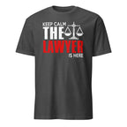 Gray t-shirt with 'Keep Calm The Lawyer Is Here' text design on a white background