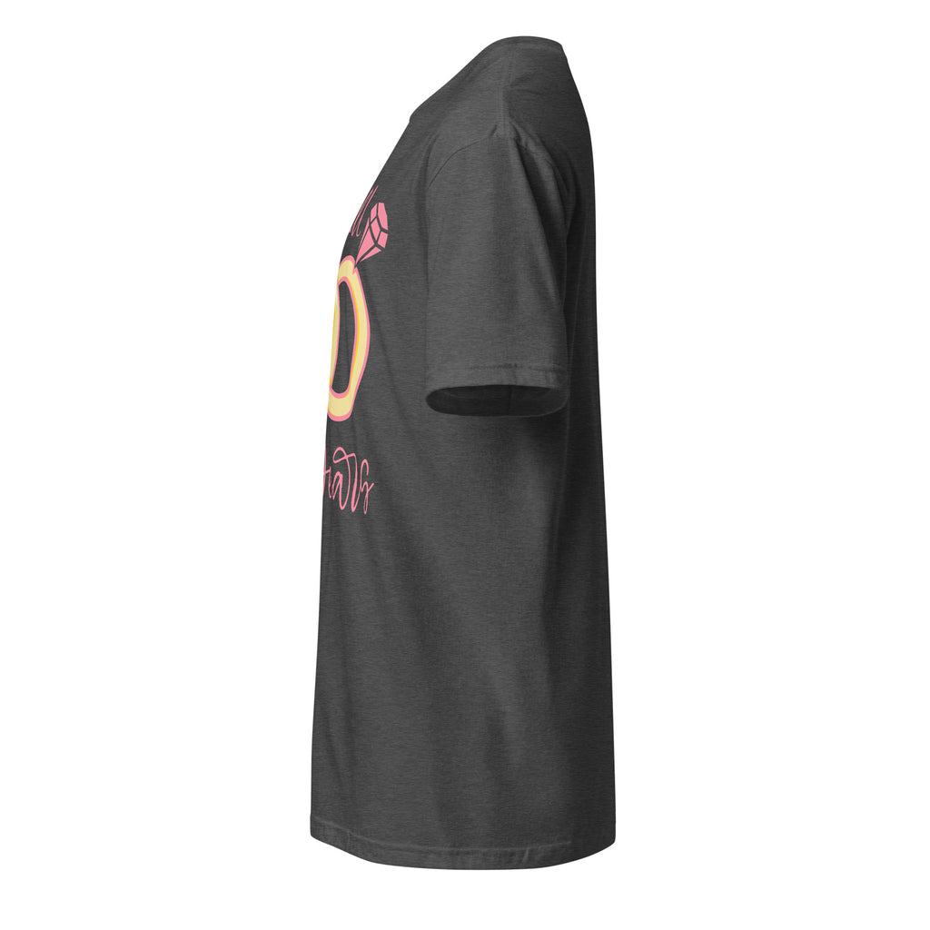 Dark Gray t-shirt left side with a logo on the front against a white background