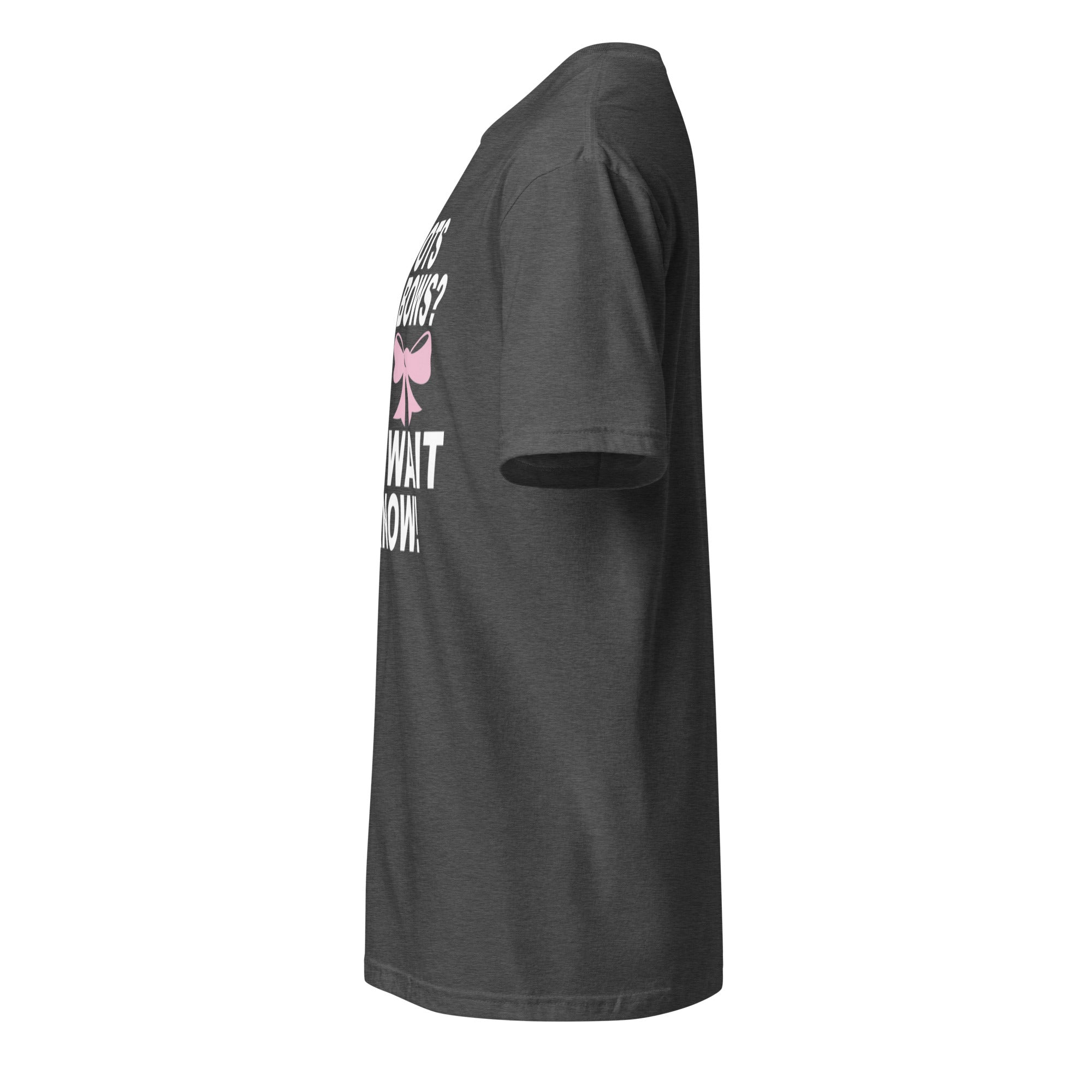 Dark Grey t-shirt left sice with white text and a pink logo on a white background