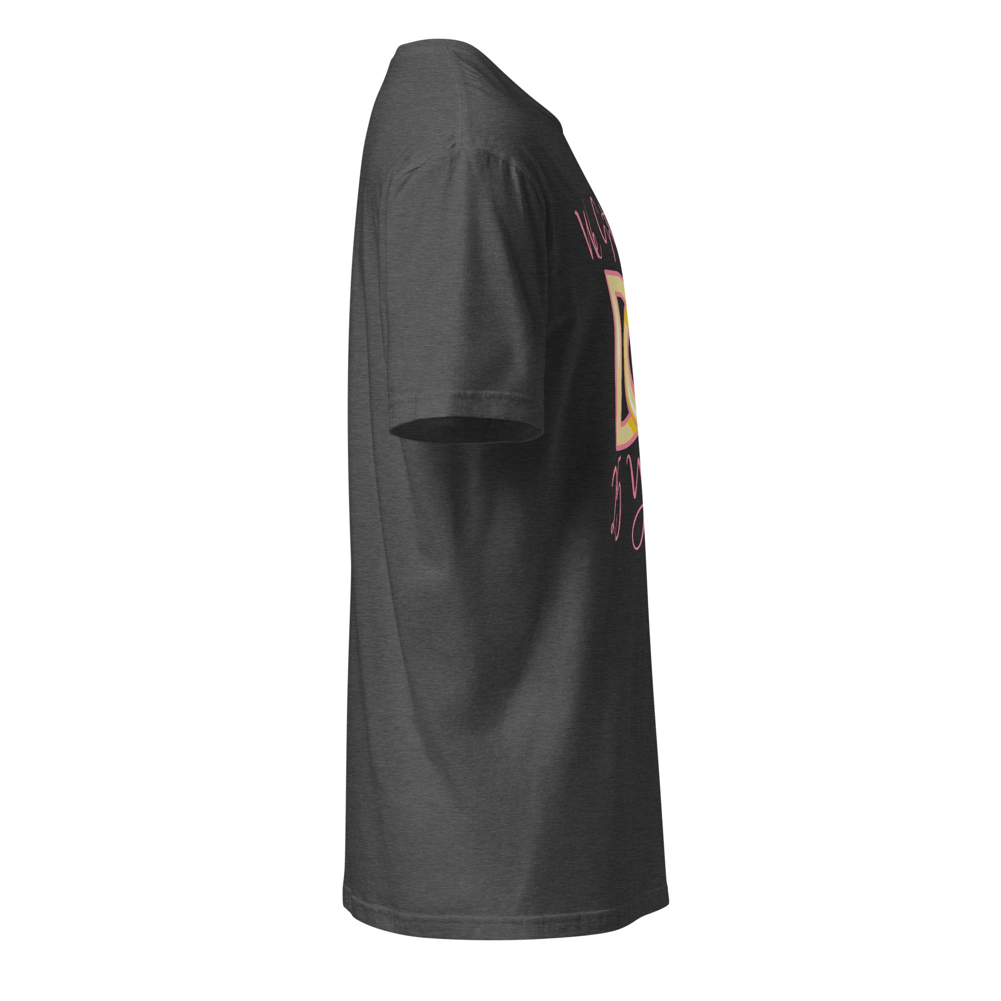 Dark Gray t-shirt right side with a logo on the front against a white background