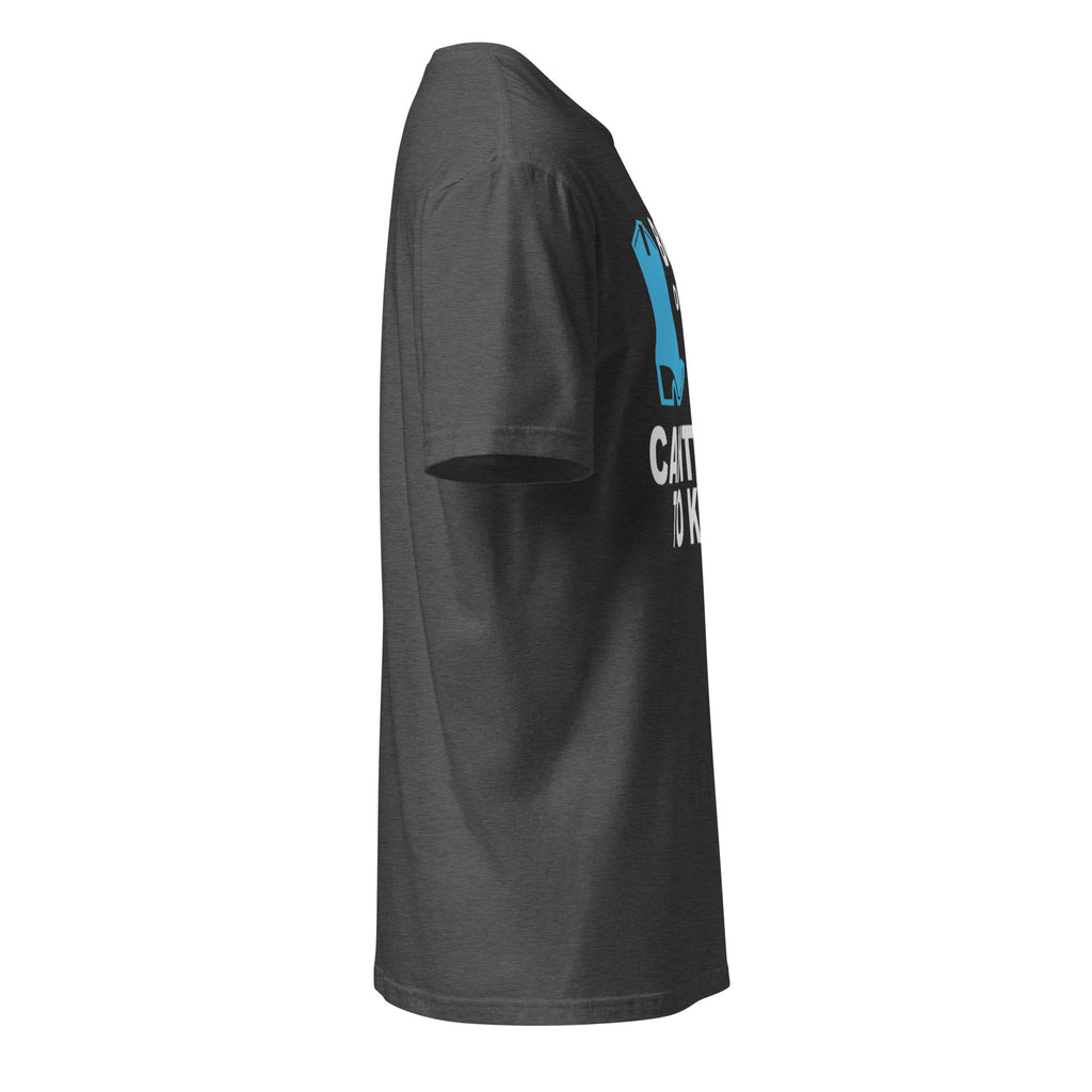 Dark Grey t-shirt right side with a blue and white logo on the front