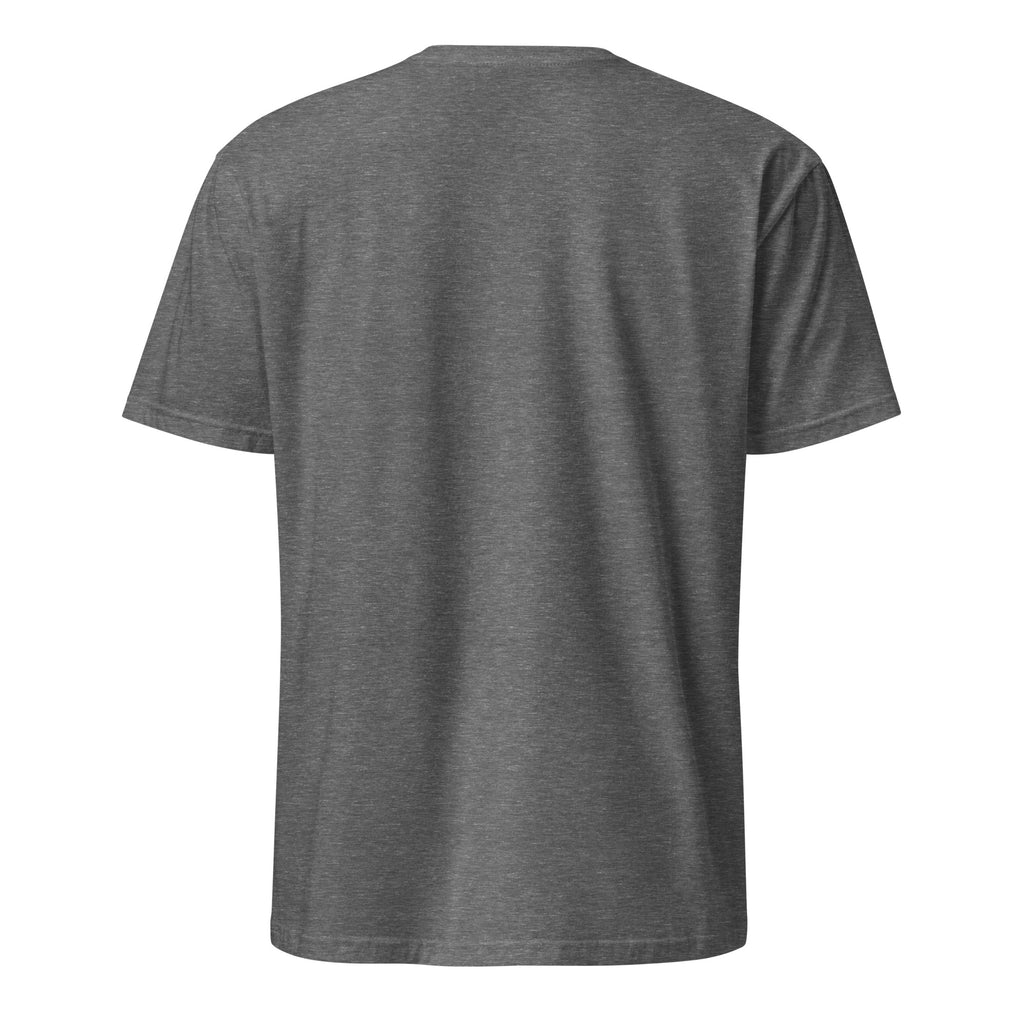 Back view of a graphite heather t-shirt on a white background