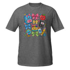 A heather gray short-sleeve t-shirt featuring a colorful cartoon school supplies graphic on the chest, including a blue backpack, pink bow, red apple, notebook, globe, and pencil, shown on a plain white background.