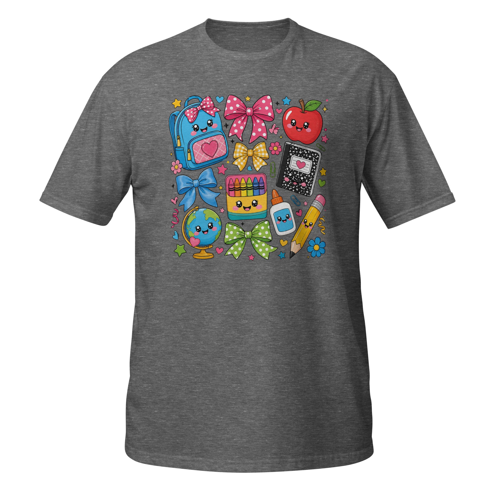 A heather gray short-sleeve t-shirt featuring a colorful cartoon school supplies graphic on the chest, including a blue backpack, pink bow, red apple, notebook, globe, and pencil, shown on a plain white background.