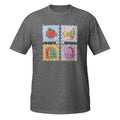 A dark heather gray short-sleeve t-shirt with a colorful graphic print on the chest. The graphic is divided into four square panels: a red apple holding a pencil, a yellow bow tie, books, and a pink backpack, all decorated with pastel borders.