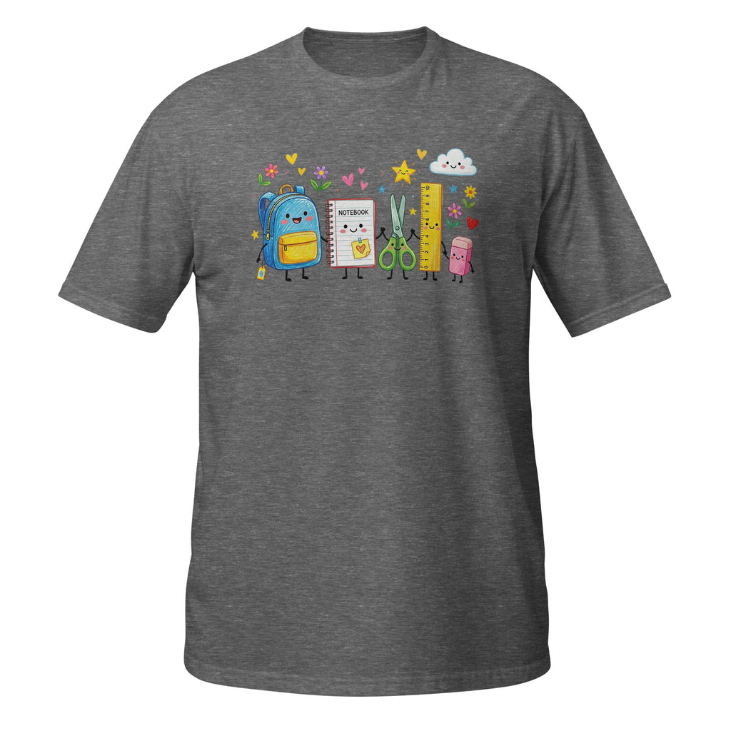 A dark heather gray short-sleeve t-shirt with a colorful cartoon graphic of school supplies (a blue backpack, a notebook, scissors, a ruler, and a pencil case) on the chest, displayed against a solid white background.