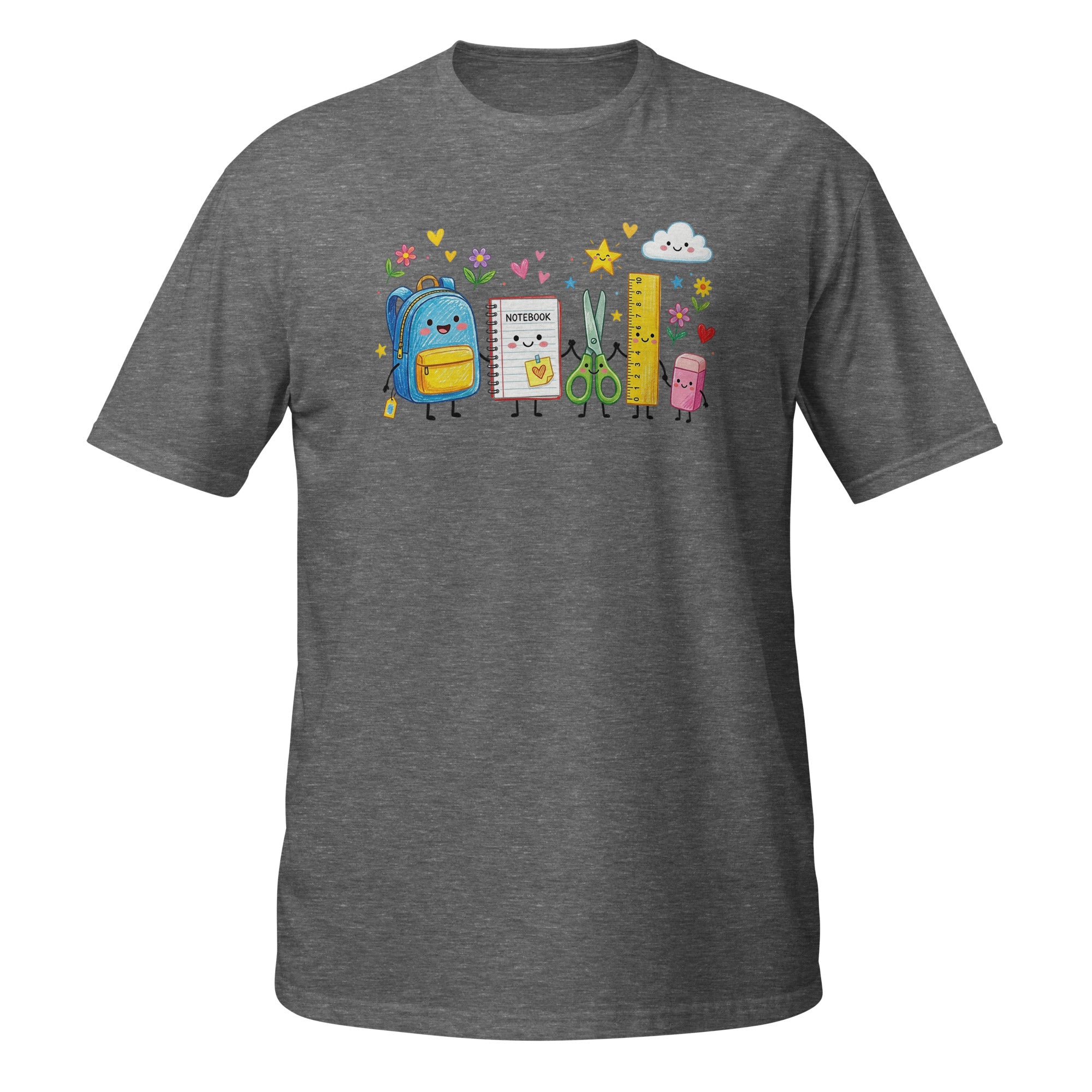 A dark heather gray short-sleeve t-shirt with a colorful cartoon graphic of school supplies (a blue backpack, a notebook, scissors, a ruler, and a pencil case) on the chest, displayed against a solid white background.