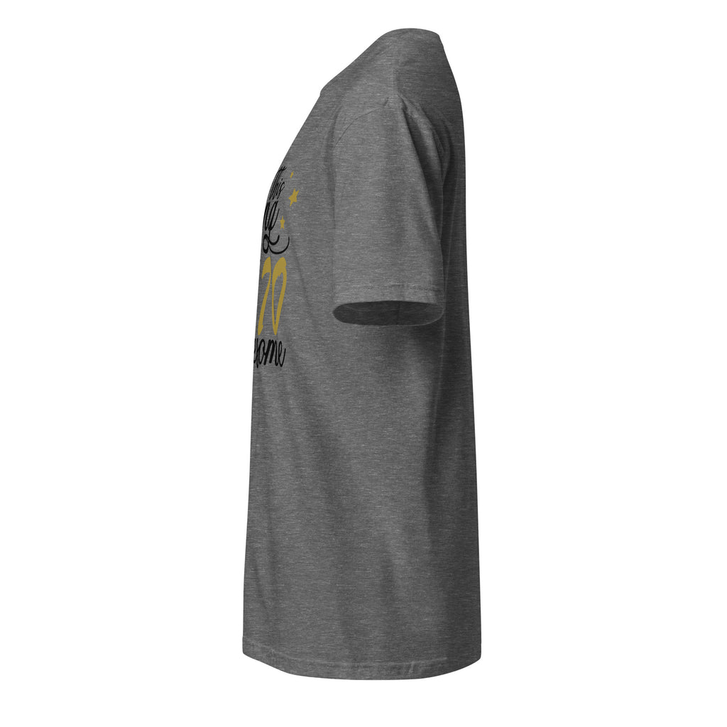 Left view of a graphite heather t-shirt on a white background