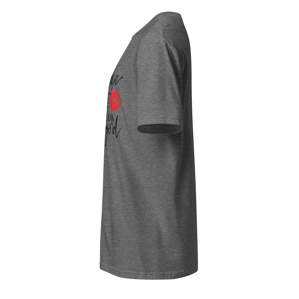 Left view of a graphite heather t-shirt on a white background