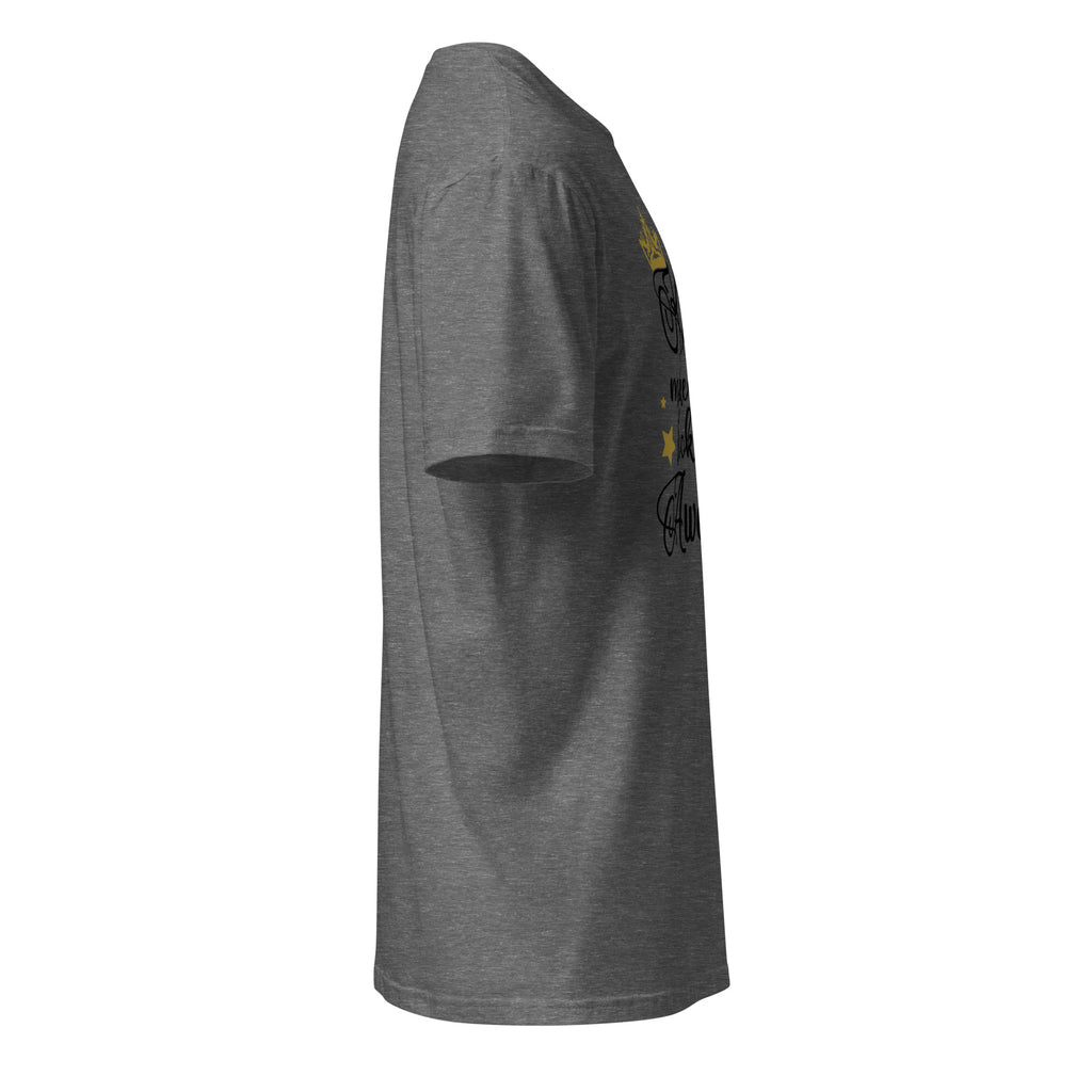 Right view of a graphite heather t-shirt on a white background