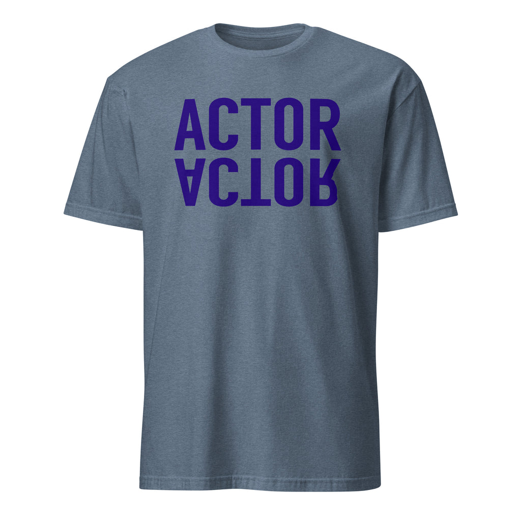 Blue t-shirt with 'ACTOR' printed in purple on a white background