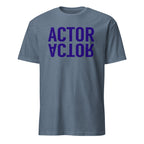 Blue t-shirt with 'ACTOR' printed in purple on a white background