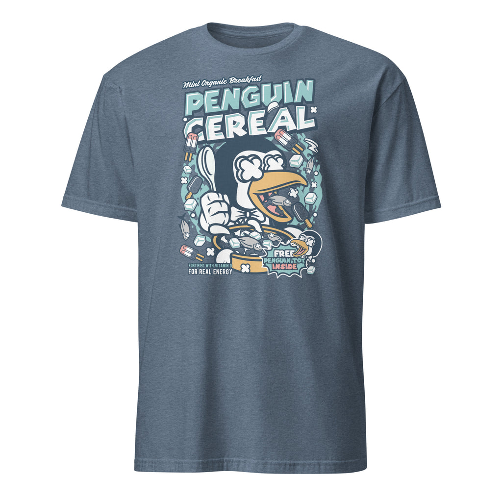 Blue t-shirt with a penguin-themed cereal design on a white background