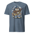 Blue t-shirt with a cartoon owl design on a white background