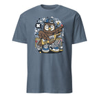 Blue t-shirt with a cartoon owl design on a white background
