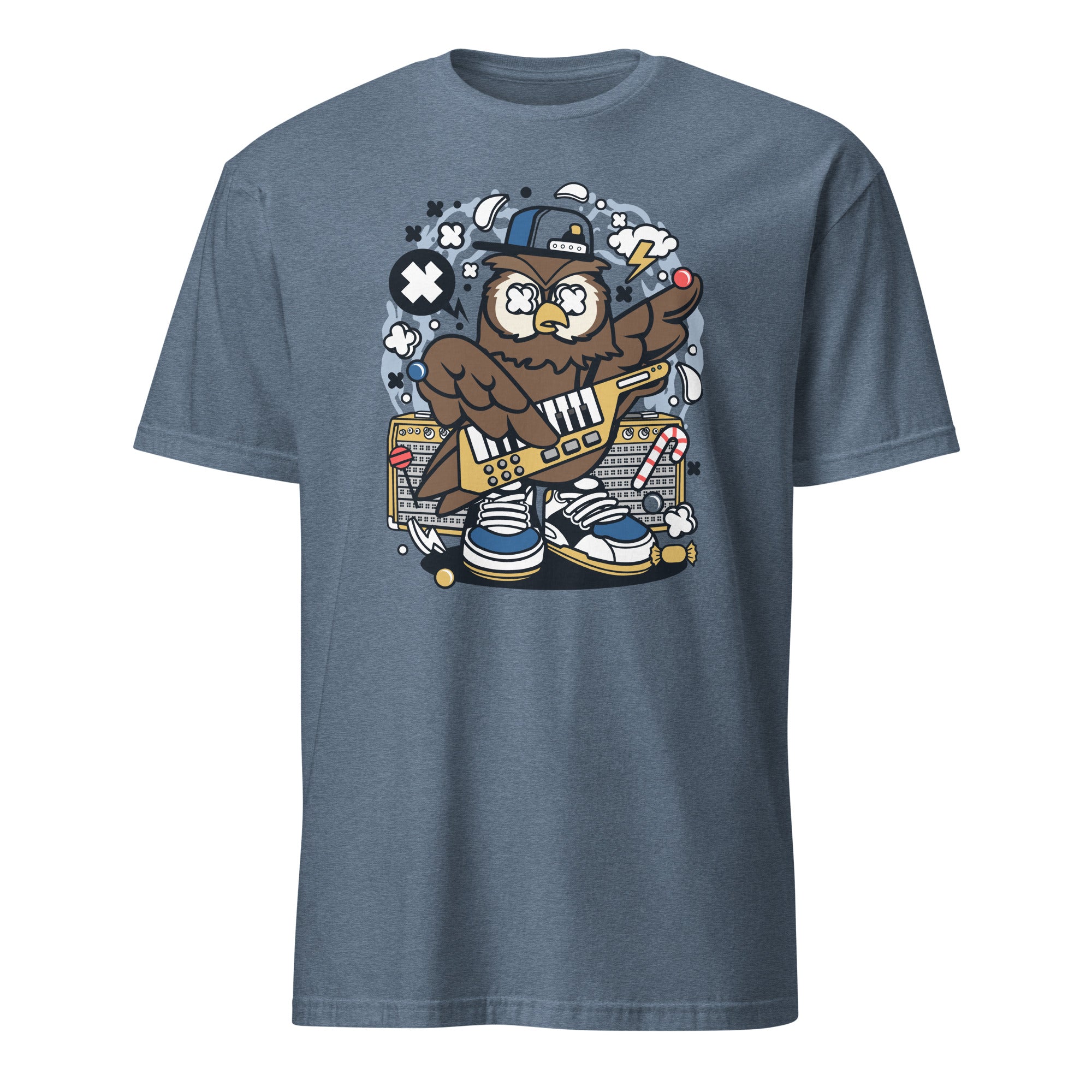 Blue t-shirt with a cartoon owl design on a white background