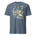 Blue t-shirt with a cartoon character design on a white background